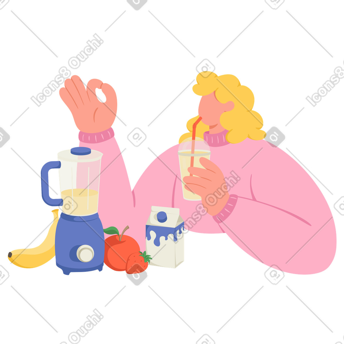 Иллюстрация Женщина пьет домашний полезный коктейль в PNG и SVG