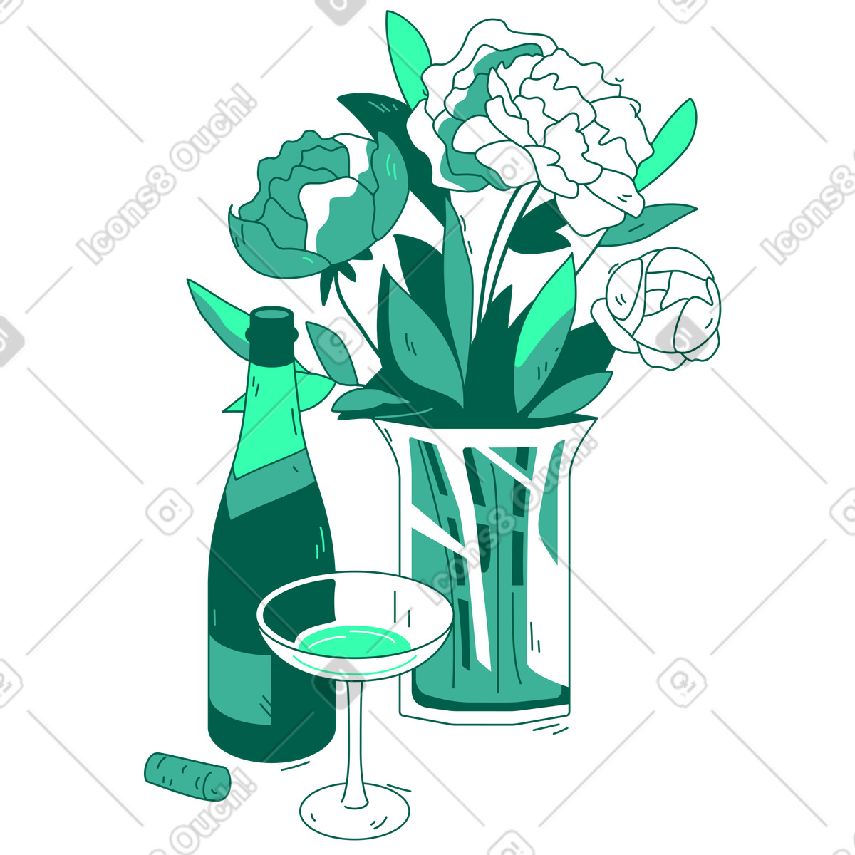 Champagnerflasche, glas und blumen in vase-Illustration im Storyline-Stil als Download in PNG, SVG