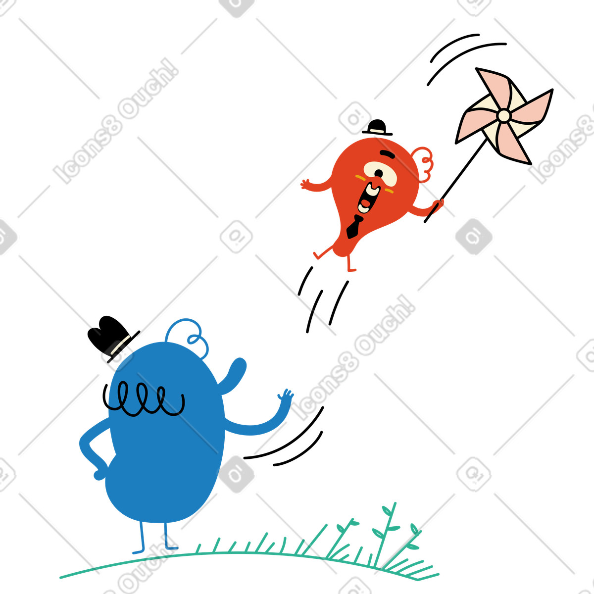 Illustration Personnage faisant ses adieux à son ami qui s'envole dans le style Jelly télécharger aux formats PNG, SVG