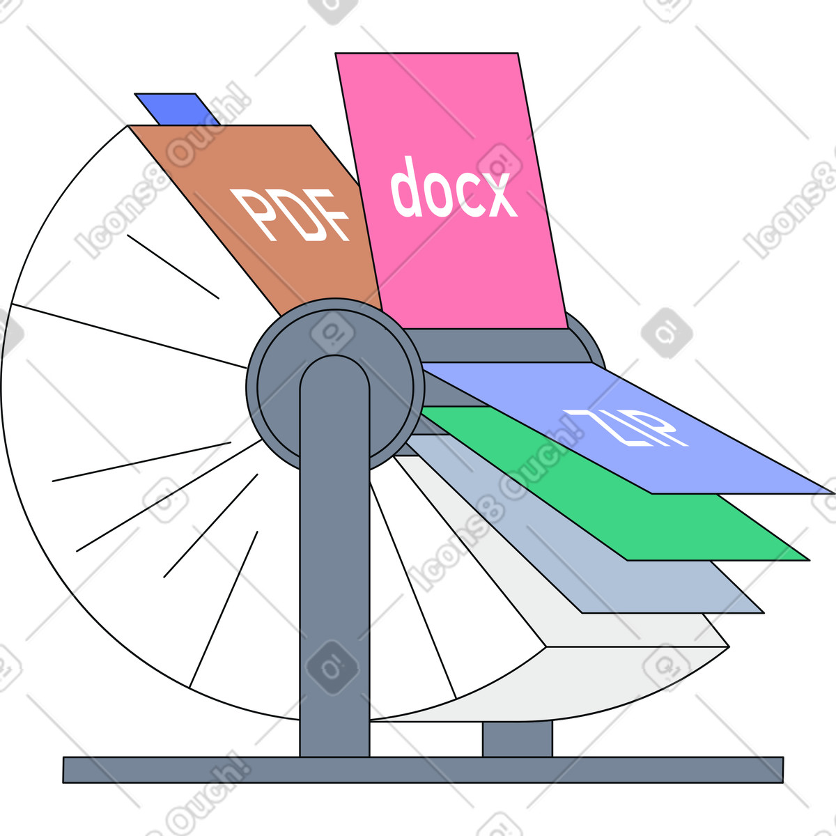 Organizzatore di file rotante con documenti digitali illustrazione in stile Teko scarica in PNG, SVG