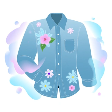 A denim blouse with intricate floral embroidery is displayed prominently. The blouse features detailed stitching that showcases various flowers in bright colors. The background is filled with a gradient of pastel colors, creating a lively and dynamic atmosphere that complements the design of the blouse. The scene emphasizes the texture of the denim fabric and the elegance of the embroidery, drawing attention to the craftsmanship of the garment.