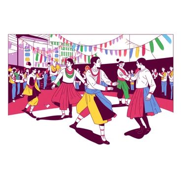 A group of dancers wearing colorful traditional attire is performing on a stage at a vibrant festival. The dancers are in various dynamic poses, showcasing their intricate choreography. The clothing features elaborate patterns and decorations, with the dancers adorned with accessories such as necklaces and headpieces. In the background, there are decorations typical of the festival, including colorful banners and lights. The atmosphere is lively, with a crowd of spectators clapping and cheering in appreciation of the performance.