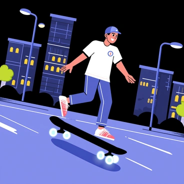 A longboarder balanced on a sleek black longboard, gliding smoothly along a city street at night. The longboard features glowing blue wheels that light up the pavement beneath, creating a trail of light. Surrounding the longboarder are towering buildings with brightly lit windows, reflecting the vibrant energy of the urban environment. The sky is dark, contrasting with the radiant glow of street lamps illuminating the scene. The longboarder is dressed in casual skatewear, with a helmet on for safety, as they maneuver joyfully through the illuminated cityscape.