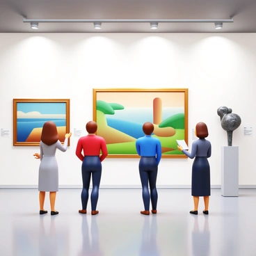 A group of three curators, two women and one man, are having a meeting in a museum gallery. They are standing in front of several art pieces, which include a large abstract painting and a sculpture made of metal. One curator is holding a notepad, taking notes, while the other two are pointing at the painting, discussing exhibit details. The gallery is well-lit, with spotlights illuminating the art. The walls are painted in a soft white color, creating a clean backdrop for the artworks. There are labels next to each piece, and the polished floor reflects the light from the ceiling.