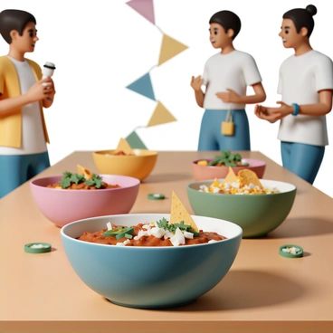 A wooden table, prominently displaying several vibrant bowls of chili, each with unique toppings. One bowl features a sprinkle of fresh cilantro and diced onions, while another has shredded cheese melting on top and crispy tortilla strips. A third bowl is adorned with jalapeño slices, adding a pop of green. In the background, there are colorful banners and excited participants chatting, creating a lively atmosphere for the friendly cook-off competition. The scene is set with bright lighting, highlighting the rich colors of the chili and the warmth of the gathering.
