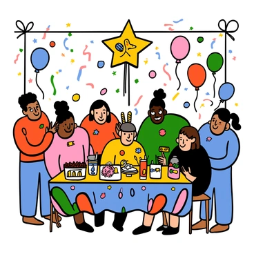 A festive gathering taking place in a brightly decorated room filled with colorful balloons and streamers. Guests of diverse ethnicities are mingling and smiling, each wearing decorative band-aids in various fun designs. One guest has a unicorn band-aid, while another has a floral pattern. A table is set up with snacks and drinks, adorned with a vibrant tablecloth. In the background, a piñata shaped like a star hangs from the ceiling, adding to the celebratory atmosphere.