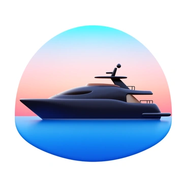 A motor yacht in silhouette, showing its sleek lines and elegant design. The yacht is positioned against the horizon, where the calm sea meets the sky. The sky is transitioning from deep blue to soft pastel hues of pink and orange, signaling the break of dawn. The water reflects these colors, creating a harmonious blend of shades on the surface. The scene captures the tranquility of early morning, with gentle waves lapping at the hull of the yacht.