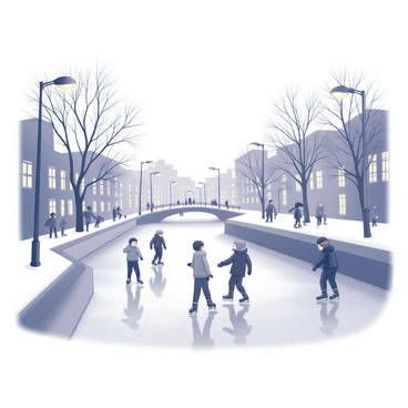 A city scene featuring frozen canals covered in ice. People of various ages are skating on the ice, some gracefully gliding while others are learning to balance. Each skater is dressed in warm winter attire, including hats, scarves, and gloves. Streetlights line the edges of the canal, casting a soft glow over the scene and creating reflections on the ice. Surrounding the canals are buildings with outlines visible in the low light, enhancing the urban atmosphere. There are trees in the background with bare branches, adding to the wintery setting.