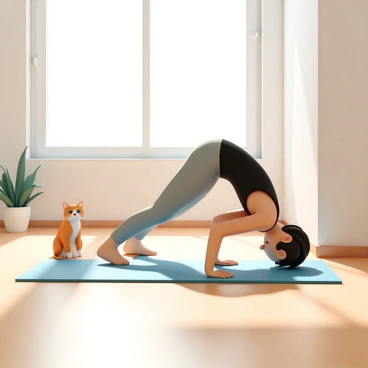 A person, wearing a black tank top and grey leggings, is practicing pilates on a blue yoga mat placed on a wooden floor in a bright room. They are in a downward dog position, with their hands and feet flat on the mat. A curious orange tabby cat, sitting nearby, is gazing at the person with its head slightly tilted, its green eyes wide open. Sunlight is streaming through a large window, casting soft shadows across the floor and illuminating the scene. A few indoor plants are visible in the background, adding a touch of greenery to the room.