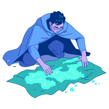 A duotone explorer dressed in a vibrant blue cloak is intently studying a glowing, animated map spread out before him. The map emits a soft, pulsating light in a radiant teal hue, highlighting intricate paths and sparkling treasures marked in bright symbols. The explorer is crouched down, with one hand gently tracing a path while his eyes are wide with fascination. Surrounding him, the air shimmers with hints of magic, creating an enchanting atmosphere. A soft glow emanates from the map, casting bright reflections on the explorer’s thoughtful expression.