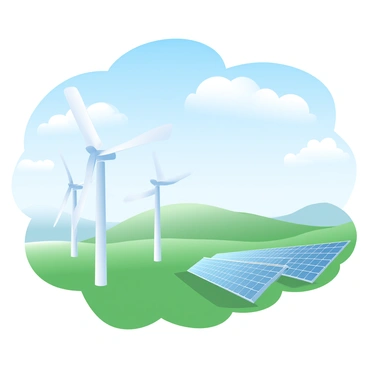 A vast landscape under a bright blue sky filled with fluffy white clouds. In the foreground, several large wind turbines are spinning gently, their sleek white blades contrasting against the vibrant green grass below. To the right, rows of solar panels stretch across the ground, gleaming under the sunlight. The panels are arranged in neat rows, reflecting the clear skies. In the background, rolling hills create a scenic backdrop, completing the depiction of a harmonious blend of nature and technology.