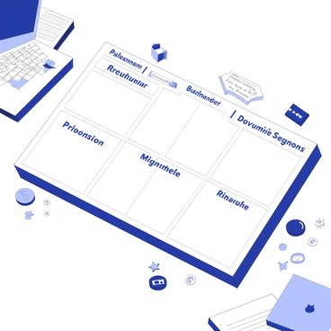 A business model canvas is displayed on a desk, filled with various terms related to international business. Each section of the canvas contains labels in multiple languages, such as "Value Proposition," "Customer Segments," and "Revenue Streams." The canvas features a clear division of its components, with arrows connecting different sections to illustrate relationships. Around the canvas, various international symbols are present, such as flags and currency icons, emphasizing a global theme. The workspace is organized, with a laptop and documents positioned nearby, showing an active business environment.