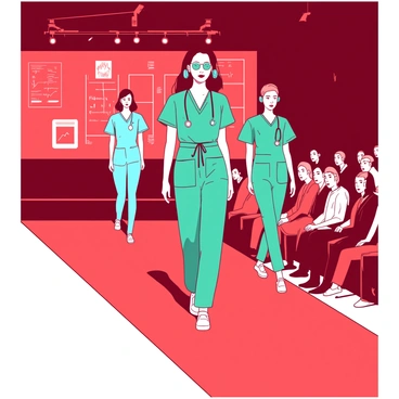 A red fashion show runway is set up with bright white lights illuminating the scene. Models walk confidently down the runway, showcasing their unique garments that are inspired by surgical scrubs and medical tools. One model wears a teal dress designed to resemble a surgical gown, complete with pockets and a drawstring waist. Another model showcases a fitted jumpsuit made from a fabric that mimics the look of surgical drapes, featuring a vibrant blue color. Accessories include oversized stethoscope necklaces and surgical instrument-shaped earrings, adding to the theme. The audience watches in awe, surrounded by a backdrop adorned with medical charts and tools.