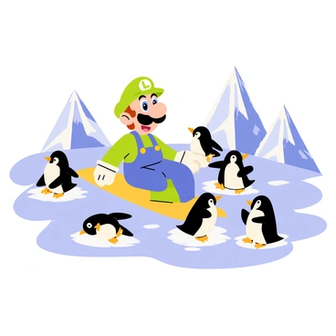A cartoon-style illustration featuring "Luigi" wearing his signature green hat and overalls, joyfully playing with "cute penguins" on a bright, icy landscape. The scene shows "Luigi" sliding on the shiny ice, with a big smile on his face. Around him, several "adorable penguins" are playfully waddling and sliding on their bellies, creating small splashes of ice as they move. The background includes "glistening icebergs" and a clear blue sky, enhancing the lively atmosphere of the playful winter scene.