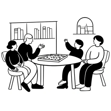 A pair of grandparents sitting at a wooden table with a backgammon board spread out in front of them. The grandmother has her hands gesturing towards the game pieces, demonstrating a move. The grandfather is leaning slightly forward, intently observing the board. Two grandchildren are seated across from them, one boy and one girl, with curious expressions as they watch the adults. The room has shelves filled with books and a warm light illuminating the scene, creating a cozy atmosphere.