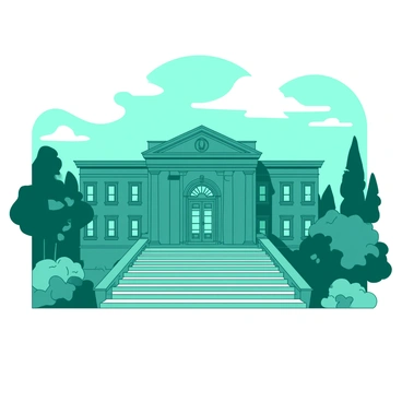 A teal stately executive palace stands majestically against the skyline. The building features a wide staircase leading up to a grand entrance with large double doors framed by intricate columns. Elegant windows line the façade of the palace, reflecting the light. Lush greenery surrounds the palace, adding to its impressive appearance. The sky above is softly illuminated, enhancing the grandeur of the scene.