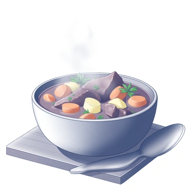 A steaming bowl filled with hearty beef stew. The stew contains tender chunks of beef, sliced carrots, and diced potatoes, all simmered to perfection. The surface of the stew is garnished with fresh herbs, adding texture and contrast. The bowl is placed on a rustic wooden table, with a spoon resting beside it. A faint vapor rises from the stew, indicating its warmth and freshness.