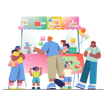 A sales person with light brown hair is setting up a colorful booth at a community fair. The booth is adorned with bright banners displaying various products. The sales person is wearing a blue polo shirt and khaki pants, and they are arranging items on a table. In front of the booth, several families and children are interacting with the sales person. A child with curly hair is pointing at a toy, while a parent is smiling and asking questions. Nearby, a balloon artist is creating a balloon animal, adding to the festive atmosphere of the fair.