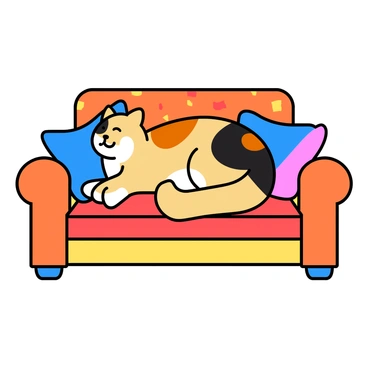 A fluffy calico cat with patches of orange, black, and white fur is lounging comfortably on a vibrant couch. The couch is upholstered in bright colors, featuring patterns of geometric shapes. Surrounding the cat are a pile of soft pillows in various shades of blue, pink, and yellow, adding to the cozy atmosphere. The cat is curled up with its eyes closed, looking peaceful and relaxed. The Couch’s arms are slightly slouched, giving a casual vibe to the scene.
