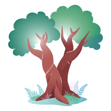 Two trees stand in a dense forest, their trunks thick and sturdy. The roots of the trees are visibly entwined, snaking around each other as they dig deep into the earth. The branches of the trees extend outward, creating a canopy that filters the light falling through the leaves. Sunlight creates a dappled effect on the forest floor, where ferns and small plants thrive under the shade of the trees. The leaves are a rich green, providing a vibrant contrast against the textured bark of the trees.