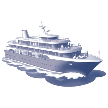 A large cruise ship is depicted on the ocean. The ship has multiple decks, with people scattered throughout. Some individuals are leaning on the railing, while others are seated at outdoor tables enjoying drinks. The sun is shining brightly, casting shadows on the deck. The waves of the ocean are gently lapping against the hull of the ship, creating a sense of movement and activity. The sky above is clear, adding to the vibrant atmosphere. "People enjoying the deck" can be seen as they interact and relax in this lively environment.