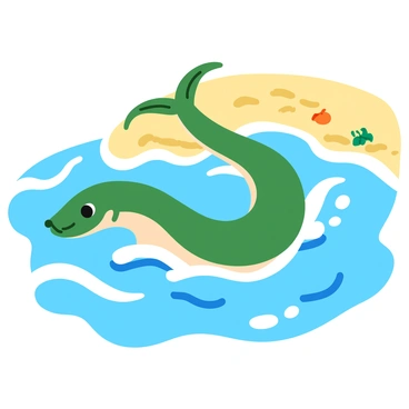 An eel with a long, slender body and smooth, shiny skin is surfing on the curls of gentle waves. The waves are depicted as soft, rolling forms with light blue and white highlights, creating a sense of movement. The sandy shore is visible in the background, with fine, golden sand gently sloping down to the water's edge. Small pieces of seashells and a few scattered seaweed can be seen on the shore for added detail. Sunlight reflects off the water, creating glimmers and sparkles in the waves' surface.