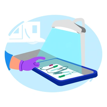 An illustration depicting "ultraviolet light" being used to "sterilize medical equipment." The scene shows a bright, glowing ultraviolet lamp positioned above a stainless steel tray filled with various medical instruments, such as scalpel, forceps, and syringes. A soft blue light emanates from the lamp, casting shadows on the tray. The background features a clean, clinical environment with light-colored walls and a simple countertop. A hand wearing a protective glove adjusts the lamp, ensuring the instruments are fully exposed to the light.