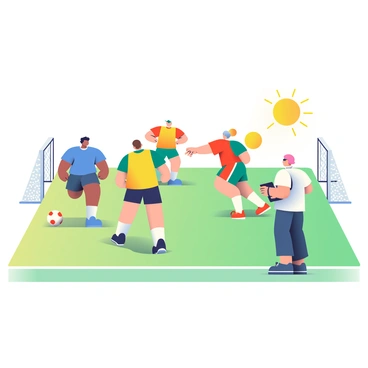 A group of four male football players is practicing drills on a sunny training field. Each player is wearing a different colored jersey: one in bright blue, another in vibrant red, a third in deep green, and the last in bright yellow. The players are engaged in various drills, with some running and others passing the ball to each other. In the background, there are white goalposts at either end of the field, and the grass is a rich, bright green. The sun is shining brightly, casting distinct shadows on the ground. Nearby, a coach with a clipboard is observing and providing instructions to the players.