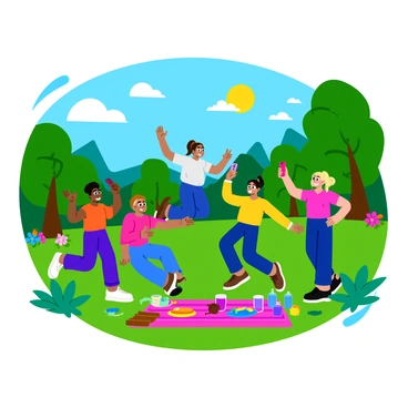 A diverse group of five friends is gathered in a vibrant park. They are engaged in a fun social media challenge, each holding up their smartphones with excited expressions. One friend is leaping into the air to capture a dramatic pose, while another is playfully mimicking a funny face. In the background, lush green trees and colorful flowers add a lively atmosphere to the scene. A bright blue sky is visible above, and the sun casts cheerful rays over the group, enhancing their joyful energy. Nearby, a picnic blanket with snacks and drinks is spread out, suggesting a day of fun and friendship.