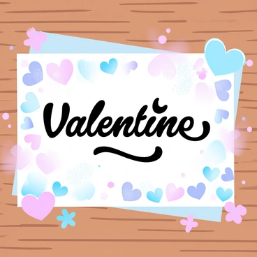 A handmade Valentine's Day card displayed on a wooden table. The card features an array of colorful hearts in various sizes, arranged in a playful manner. Each heart is decorated with intricate patterns and some have glitter accents. In the center of the card, there is a sweet message written in elegant lettering. The card has a textured surface, showcasing the handmade quality, and is surrounded by small paper cutouts of additional hearts and flowers.