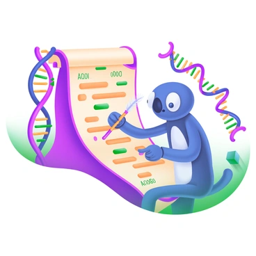 A DNA polymerase enzyme depicted as a scribe, sitting at a scroll of ancient texts. The scribe has a quill in hand, meticulously writing along a spiral path of DNA. The background features a tapestry of genetic sequences and symbols, with vibrant colors representing the bases of DNA. The scroll is ornate, with intricate designs, and the spiral DNA path weaves around it, showcasing the connection between writing and genetic replication.