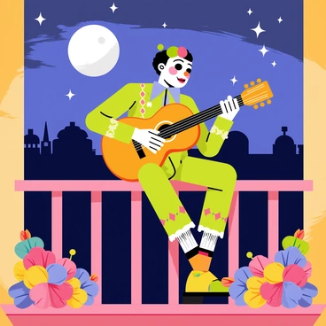 An arlequin character wearing a colorful harlequin costume with diamond patterns is sitting on a wooden balcony railing. The arlequin is playing a classic acoustic guitar, skillfully strumming beautiful melodies. The moonlight casts a soft glow, illuminating the scene with a silvery light. Surrounding the balcony are blooming flowers in vibrant colors, adding to the charm of the setting. In the background, a starry night sky enhances the serene atmosphere, while the silhouette of distant rooftops can be seen.