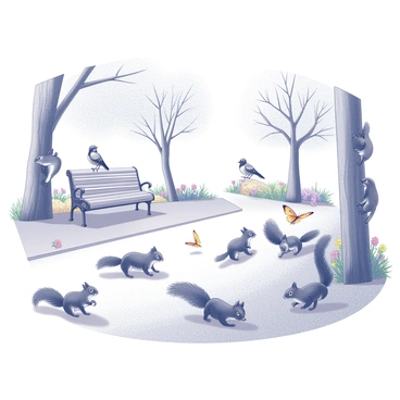 A city park scene filled with activity. A group of squirrels scurry along the ground, some climbing the trunks of trees. Nearby, several birds perch on low branches, their bodies poised as they watch the squirrels. A few butterflies flutter gracefully around colorful flowers, weaving through the air in search of nectar. The park has neatly trimmed grass and well-maintained walking paths, with benches scattered throughout for visitors to enjoy the lively interaction of nature.