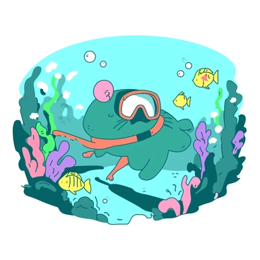 A teal mouse wearing a small orange diving suit is swimming through an underwater world filled with colorful fish. The background features a variety of vibrant aquatic plants swaying gently in the current. Surrounding the mouse, schools of yellow and pink fish dart through the water, some playfully swimming around the mouse. The mouse has a pair of goggles resting on its head, and small bubbles are rising around it as it explores the vibrant environment.