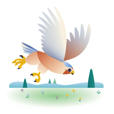 A falcon with brown and white plumage is diving swiftly towards the ground, showcasing its sharp talons extended. Below, there is a grassy field with varying shades of green, dotted with small wildflowers in yellow and purple. The falcon's wings are spread wide, capturing the wind as it approaches its target. In the distance, a few trees outline the horizon under a clear blue sky. The scene emphasizes the falcon's precision and speed as it hunts.
