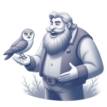 A giant man with a bushy beard stands outdoors, clad in rugged clothing. He has a friendly expression as he engages in conversation. Perched on his arm is a large, wise-looking owl, its eyes glistening with intelligence. The owl's feathers are detailed and textured, showcasing its distinct features. The giant man's other hand gestures expressively, suggesting he is animatedly sharing a story or information. The background features an outdoor setting with hints of trees and foliage, creating a natural ambiance.