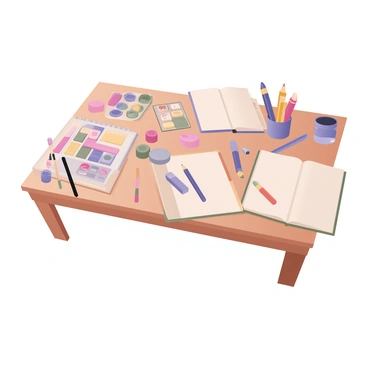 A table is covered with a variety of colorful art supplies. There are multiple sets of pencils in vibrant colors scattered across the surface. Several erasers of different shapes and sizes are placed among the pencils. Open sketchbooks with blank pages are positioned on the table, displaying their spiral bindings. A few paintbrushes with colorful bristles are lying next to the art supplies. A watercolor palette with a range of paint colors is also visible, alongside a small jar of water. The background is softly blurred, emphasizing the vibrant array of art materials on the table.