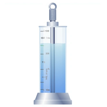 A metal piston is shown fully engaged within a vertical cylinder, compressing a light blue gas inside. The gas is visible through the transparent walls of the cylinder, which has a shiny metallic base. On the left side of the cylinder, there is a labeled pressure scale with increments marked from 0 to 300 kPa. On the right side, a volume scale is displayed, ranging from 0 to 10 liters. The piston has a textured handle at the top, and there are clearly defined grooves on its surface. The scene is illuminated to highlight the contours of the cylinder and piston, creating a clear view of the gas density as it is compressed.