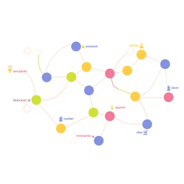 A digital network map featuring a series of interconnected nodes. Each node is labeled with different names of neurohormones, such as "serotonin," "dopamine," and "oxytocin." The nodes are represented as colorful circles, connected by curved lines that illustrate their relationships. The background of the map is a soft gradient, enhancing the visibility of the nodes and connections. Each node glows slightly, emphasizing its importance within the network. There are small icons around the nodes that represent various functions related to the neurohormones, adding an informative layer to the illustration.