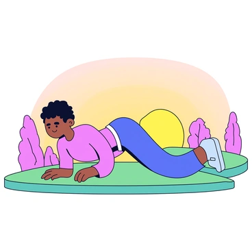 A person performing knee push-ups on a grassy hilltop. The individual is dressed in a fitted athletic outfit and is positioned with their hands on the ground and knees bent. The sun is just beginning to rise on the horizon, casting a warm golden light that illuminates the scene. The sky is filled with soft hues of orange and pink, creating a peaceful morning atmosphere. In the background, there are a few distant trees silhouetted against the dawn sky.