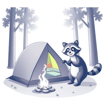 A cartoon raccoon is positioned in a wooded area, actively setting up a tent. The raccoon has exaggerated facial features, with large, expressive eyes and a playful grin. The tent is partially open, showing colorful interior details. Nearby, a campfire is crackling, with flames dancing and producing smoke that swirls upward. Surrounding the campfire are smooth stones arranged in a circle. Tall trees in the background have abundant leaves, creating a natural canopy overhead. The forest floor is dotted with pine needles and small patches of grass.