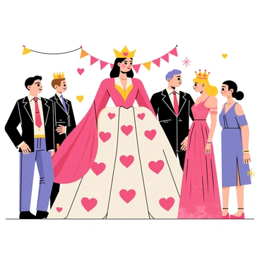 A gathering of royal figures standing together in a vibrant setting. The "queen of hearts" is at the center, wearing an elaborate gown decorated with large red hearts, a gold crown adorned with smaller heart motifs, and a flowing cape. Surrounding her are various royal figures, each in unique heart-themed attire. One figure wears a suit with black and red alternating heart patterns, while another has a dress covered in shimmering pink hearts and a matching tiara. The scene is lively, filled with colorful banners and heart-shaped decorations in the background, emphasizing the royal theme of the gathering.