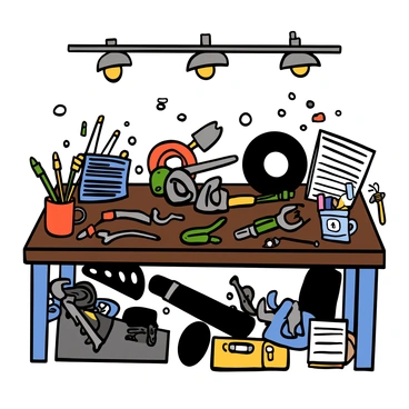 A cluttered workbench inside a motorcycle shop covered with various tools and motorcycle parts. The workbench is made of dark wood and has grease stains on its surface. Wrenches, screwdrivers, and pliers are scattered across the top, along with bolts and nuts. There are pieces of motorcycle engines and tires piled on one side. Bright overhead lights illuminate the scene, highlighting the chaos of the workspace. A few mechanic’s manuals and a coffee mug filled with pens sit at one corner, adding to the disheveled atmosphere.