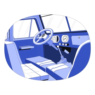 The interior of an old-school truck is visible, featuring a large, round steering wheel with a textured grip. The dashboard is adorned with vintage gauges, including a speedometer and fuel gauge, all encased in chrome accents. A manual gear shift protrudes from the floor, with a distinctive leather boot surrounding it. The seats are upholstered in worn, patterned fabric, with visible stitching and creases. Sunlight streams through the windshield, casting shadows across the interior, highlighting the rugged details of the truck's cabin.