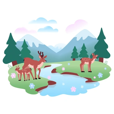 A peaceful mountain valley is surrounded by tall, majestic mountains. In the center, a clear stream flows gently, reflecting the vibrant colors of the sky. Wildflowers in various colors bloom along the banks of the stream, adding splashes of color to the landscape. A family of deer, including a doe and two fawns, grazes calmly on the lush green grass near the water's edge. The scene is filled with a sense of tranquility and natural beauty.