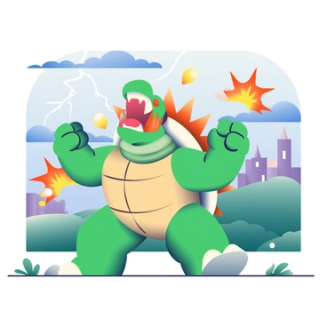A large green turtle-like creature with spiked shell and menacing expression is charging forward. "Bowser" is shown with bright orange spikes protruding from his shell and fierce red eyes. He is in a dynamic pose, with his arms raised, ready to unleash fire. Surrounding him are various action elements, such as flames erupting from his mouth and pieces of debris flying. In the background, there are rolling hills and a castle, providing context for his adventure. The sky is filled with dark clouds to emphasize the intensity of the scene, while a lightning bolt strikes in the distance.