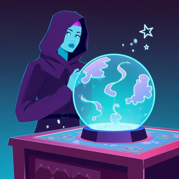 A hooded oracle gazing into a crystal ball filled with swirling mystical energies