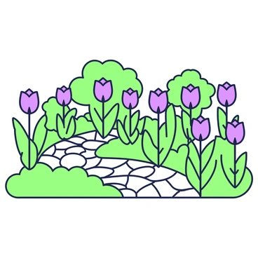 A garden featuring rows of tulips in full bloom. Each row contains tulips of various heights and forms, with some tulips standing tall while others are slightly shorter. The tulips are positioned neatly in organized rows, creating a patterned appearance across the garden. In the background, there are green bushes that provide a contrasting border to the colorful flowers. A cobblestone path winds through the garden, leading the viewer's eye towards the vibrant display of tulips.