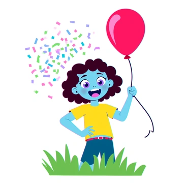 A young child with curly brown hair and a bright yellow t-shirt is standing in a sunny park. The child has an excited expression, with wide eyes and a big smile, as they hold a balloon in one hand. The balloon is vibrant red and is about to burst. When it pops, a small, delightful explosion of colorful confetti showers down around the child, creating a festive atmosphere. The background features green grass and trees, enhancing the joyful scene.
