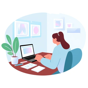 An artist is sitting at a wooden desk, focused on uploading their new illustration on a laptop. The laptop screen displays the stock illustration website interface, with a preview of the artwork visible. The artist has a sketchbook and various colored pens scattered around the desk. A potted plant is in the background, adding a touch of greenery to the workspace. On the wall behind, there are framed pieces of artwork showcasing the artist's previous works. The room is filled with soft, gradient pastel colors.